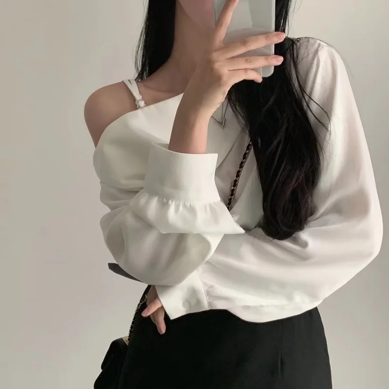 Sexy Off Shoulder Women Blouse Skew Collar Sweet White Shirt Spring Long Sleeve Loose Clothes Elegant Tops