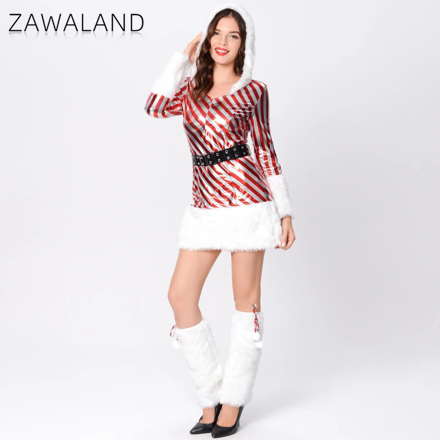 

Red White Stripes Cosplay Dress Christmas Long Sleeve Hooded Dress with Belt Woman Winter Performance Costume Xmas Party Outfits