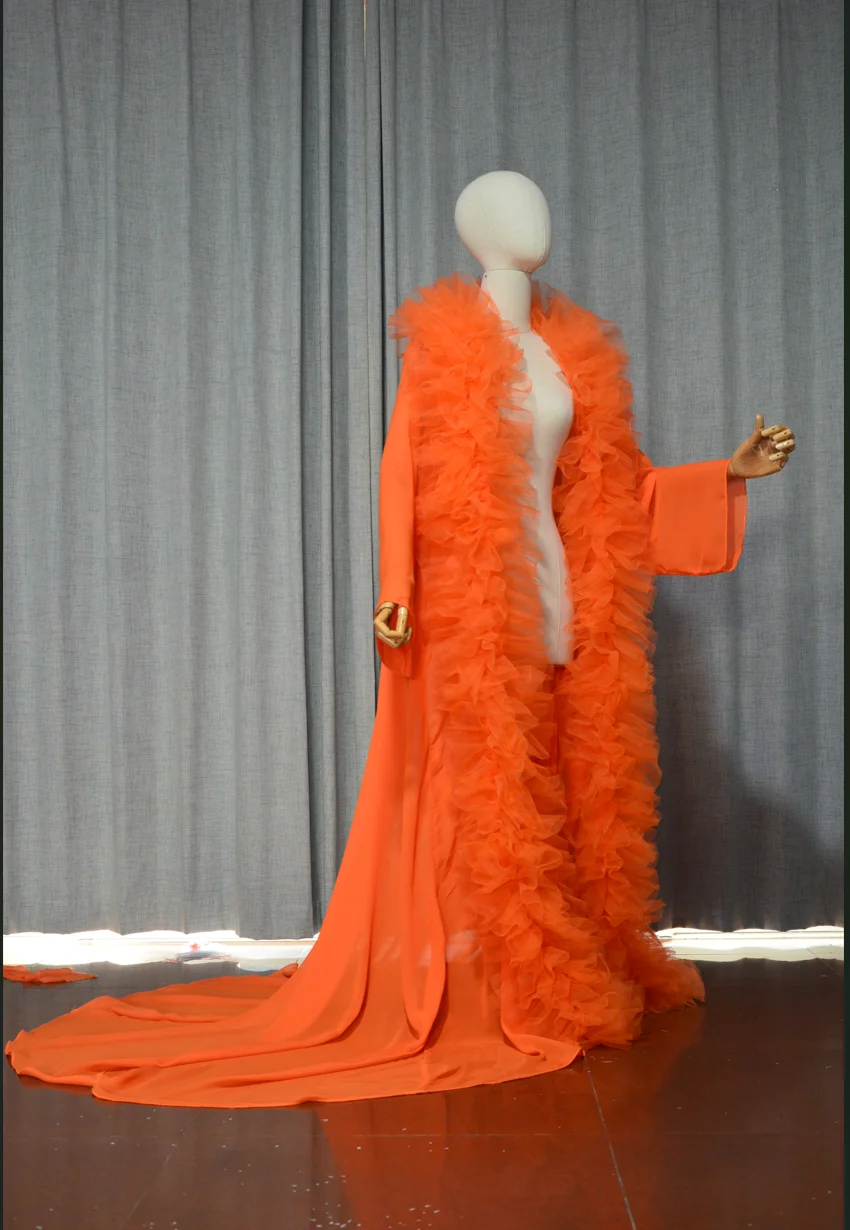 Long-Sleeved Chiffon Long Jacket Tulle Decorative Edge Wedding Cloak Party Dress Custom Color