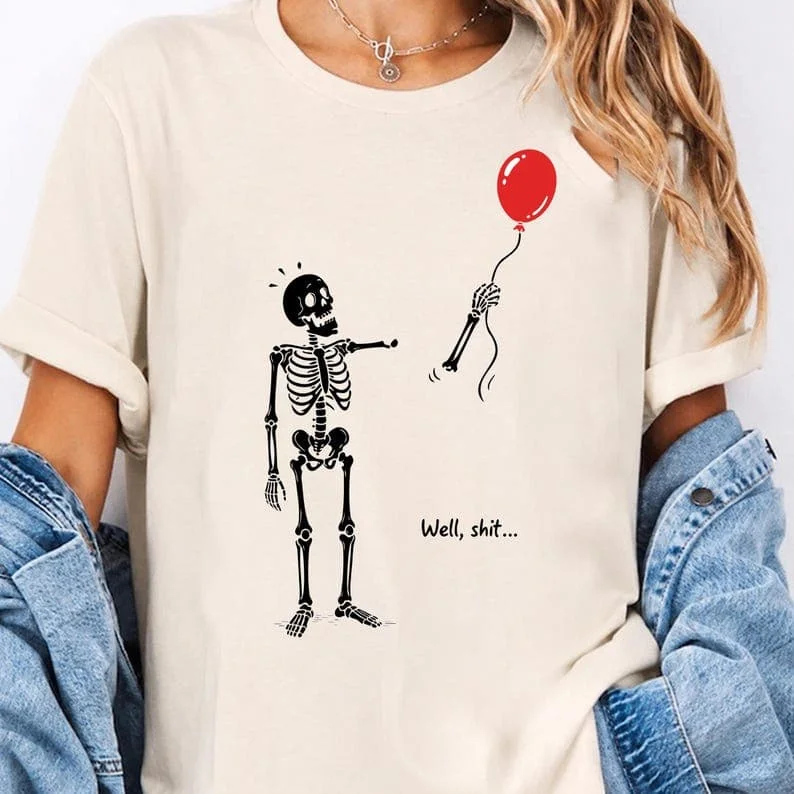 Funny Humorous Halloween Skeleton Red Balloon T-Shirt For Women Oversized Loose Fit Tee Short Sleeve Spooky Casual Graphic Tops