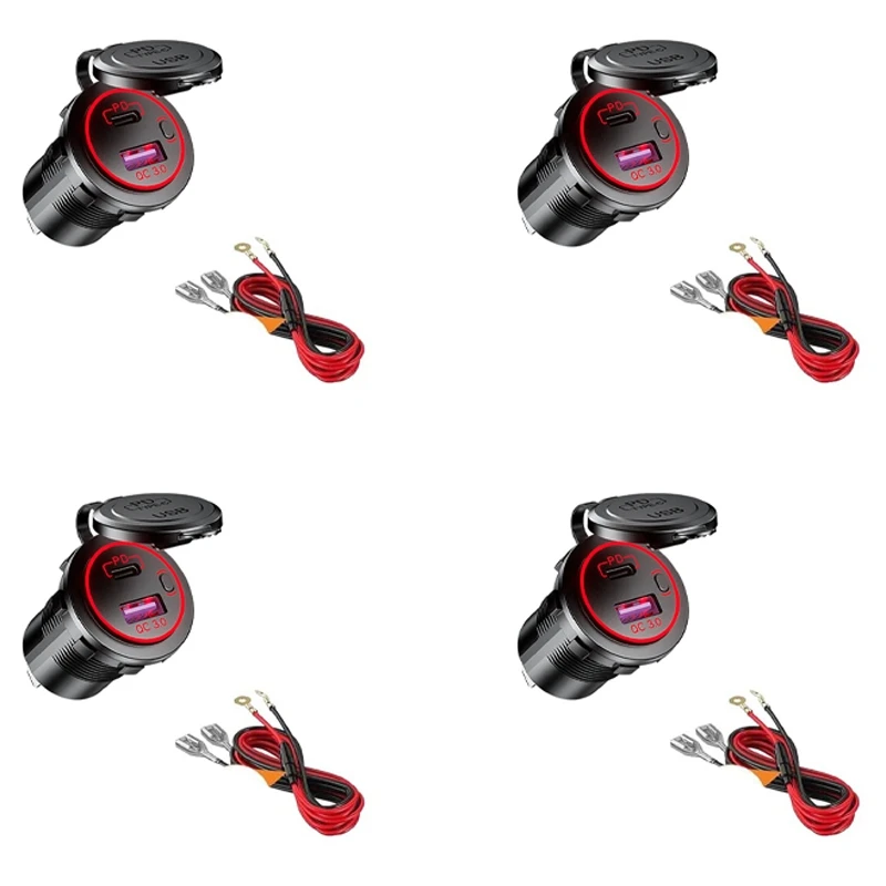 4X PD Type C USB Car Charger And QC 3.0 Quick Charger 12V Power Outlet Socket With ON/Off Switch ,Red