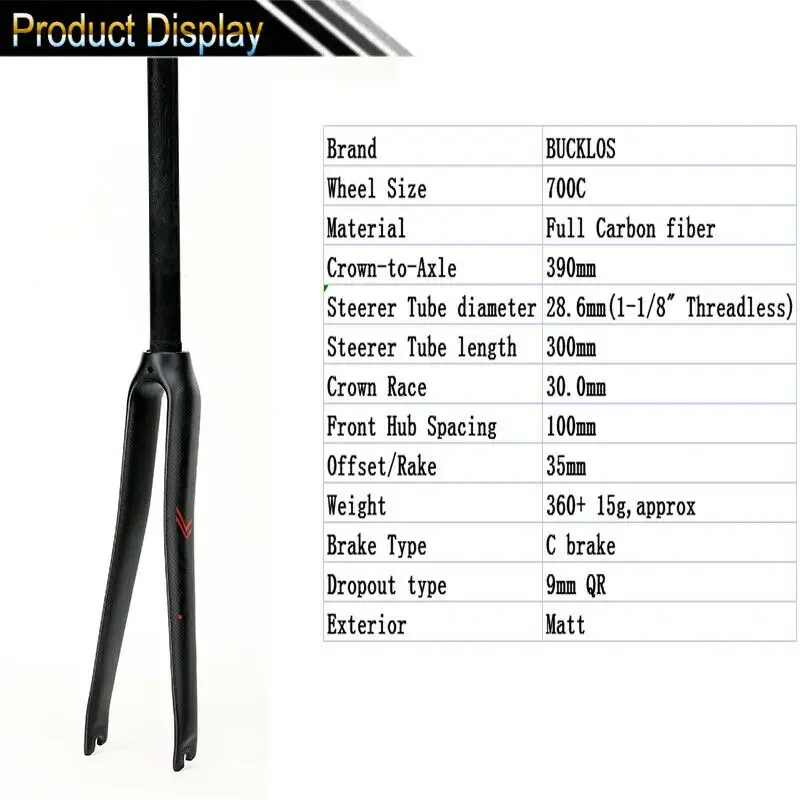 BUCKLOS Road Bike Fork 700C Full Carbon Fiber Rigid Fork 1-1/8in Threadless Racing C Brake Front Fork Matt 3K Cycling Parts