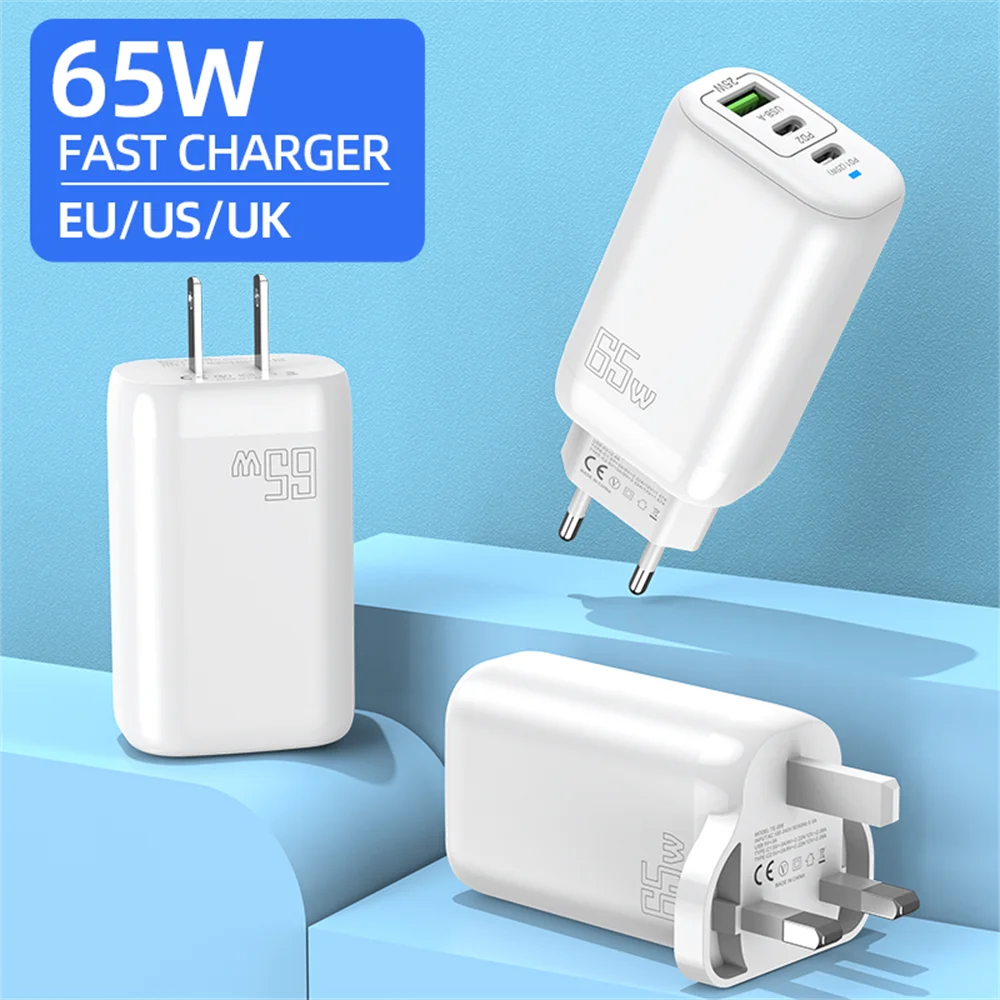 USB Charger 3 Ports 65W PD Type C Fast Charging Phone Charger Adapter For iPhone Samsung Xiaomi Huawei EU/US Plug Wall Charger