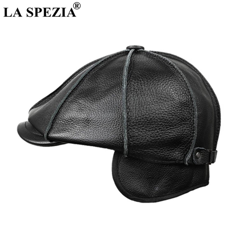 LA SPEZIA Genuine Leather Newsboy Cap Men Real Cowskin Leather Octagonal Hat Autumn Winter HIgh Quality Hats for Men Accessories