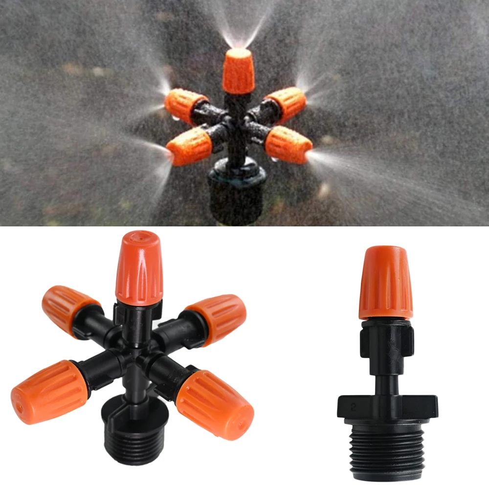 20 Pcs 1 5-Way Cross Misting Nozzle With 1/2 3/4 inch Thread Connector Garden Water Mist Nozzle Greenhouse Irrigation 1set