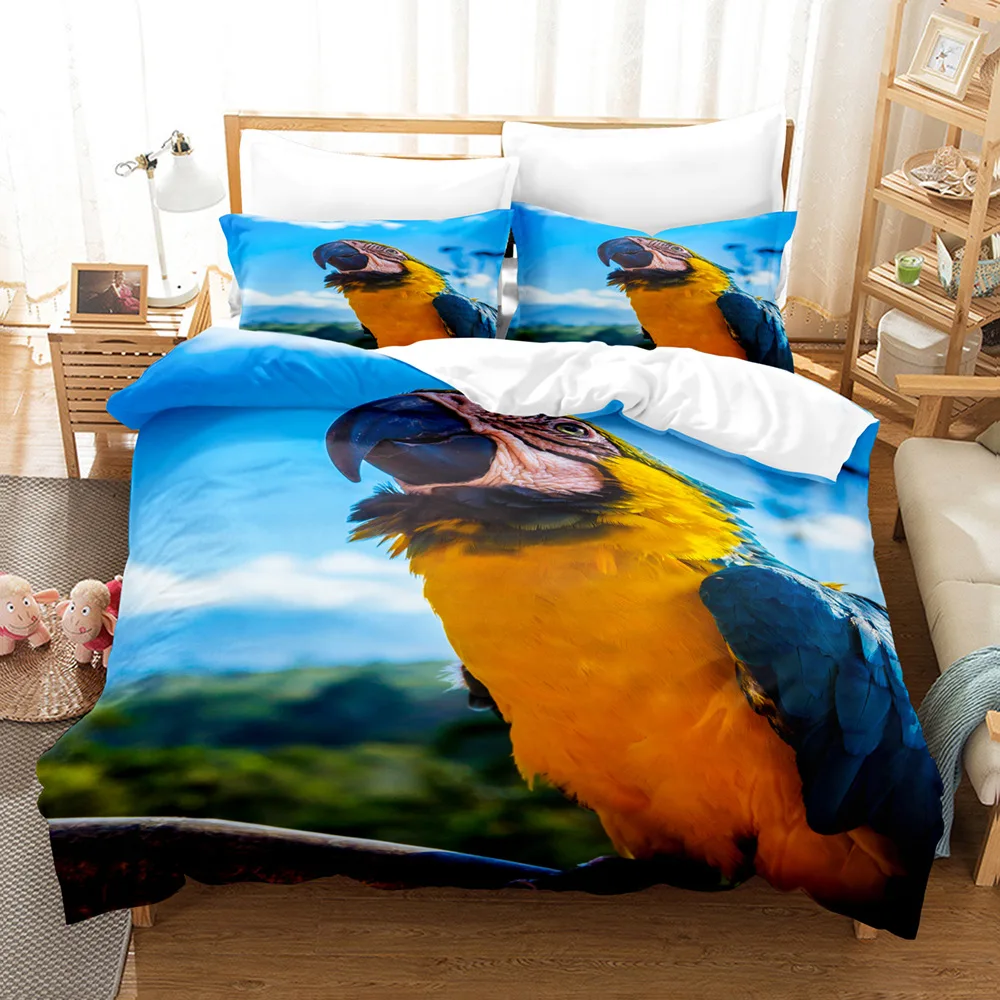 Set biancheria da letto ara King/Queen Size Copripiumino colorato pappagallo Bambini Ragazzi Copripiumino in poliestere con piante verdi tropicali