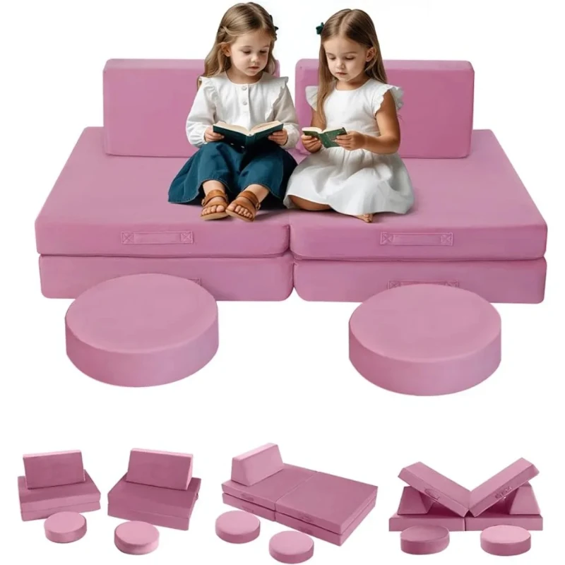 Kids Couch Sofa Modular Toddler Couch For Playroom, 8-Piece Fold Out Baby Couch Play Set, Children Convertible Sofa Foam