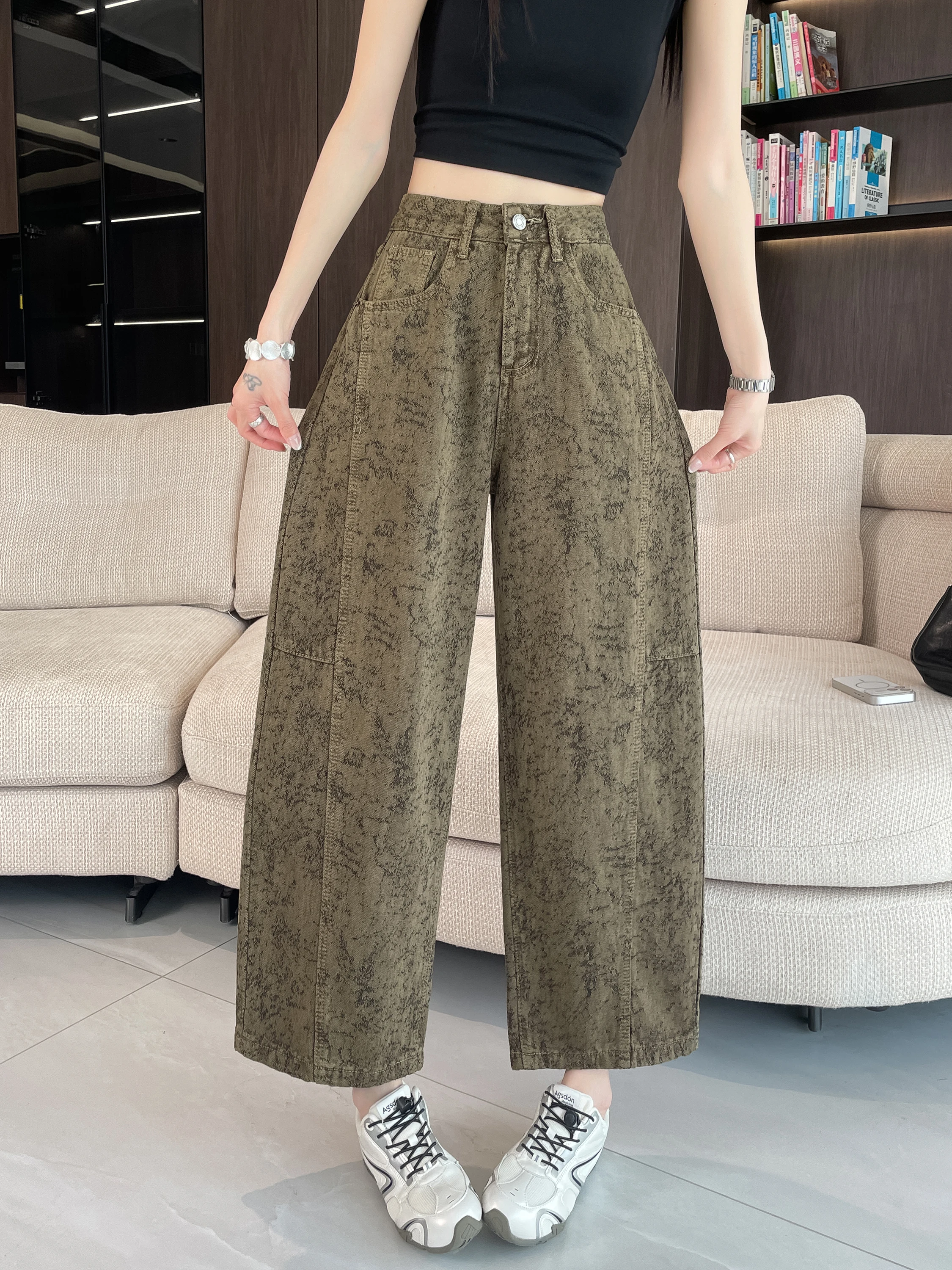

American Retro Tie Dye Embroidered Wide Leg Jeans Women Summer Small Size Straight Loose High Waist Nine Point Pants