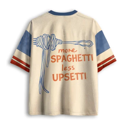 More Spaghetti Less Upsetti Pasta Print Men V Neck Mesh Jersey Funny Food Slogan Tee
