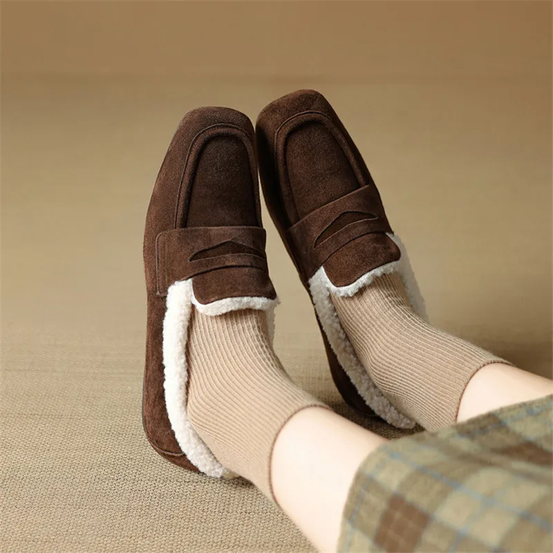 New Autumn/Winter Sheep Suede Women Shoes Fashion Square Toe Shoes for Women Low Heels Women Pumps Leisure Loafers Handmade view 3