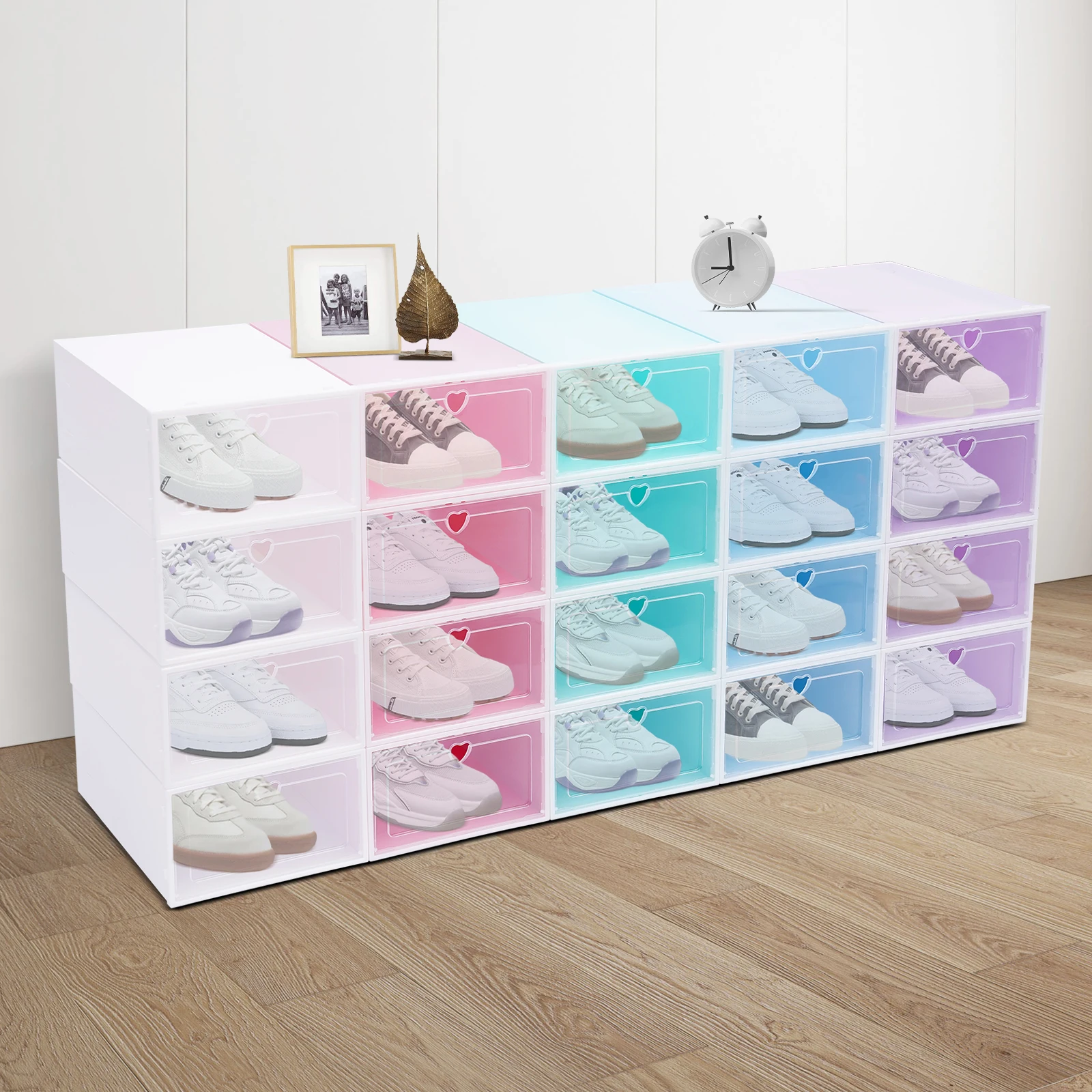 20pcs Plastic Multi-color Rectangular Shoe boxex  33*23*14cm (single) For Family Shoes Storage And Display