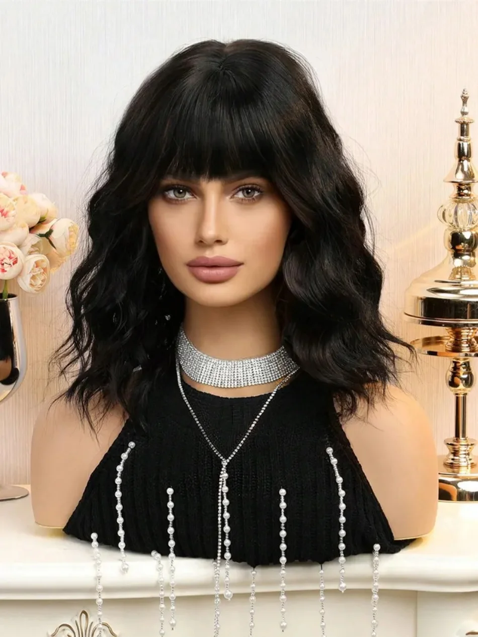 

Черный синтетический волнистый парик-боб с челкой, короткие волнистые волосы для женщин, термостойкие синтетические парики-боб