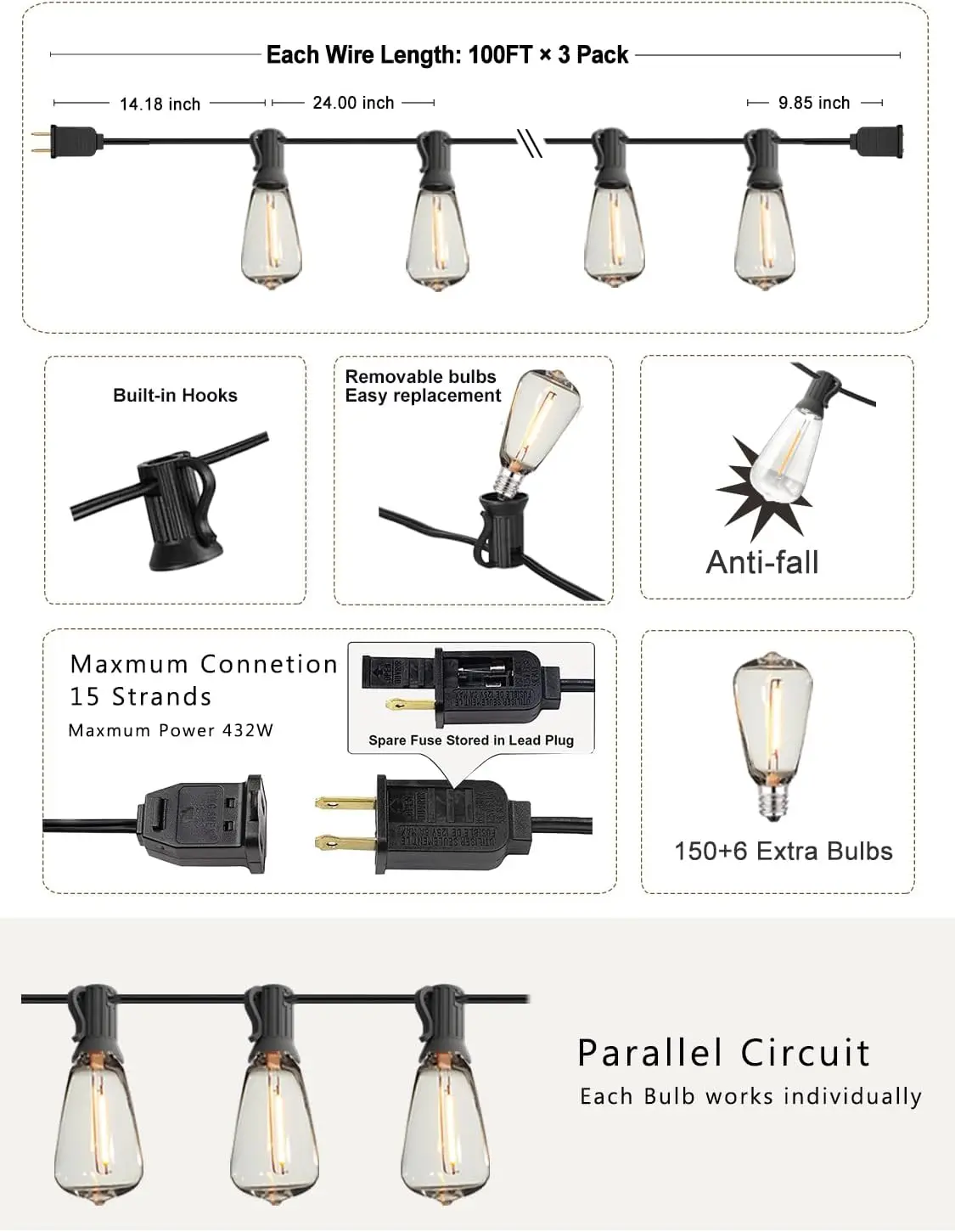 

String Lights for Outside 300FT shatterproof connectable Patio Lights Outdoor 3 Pack x 100FT with 156 PCS Vintage dimmable ,New