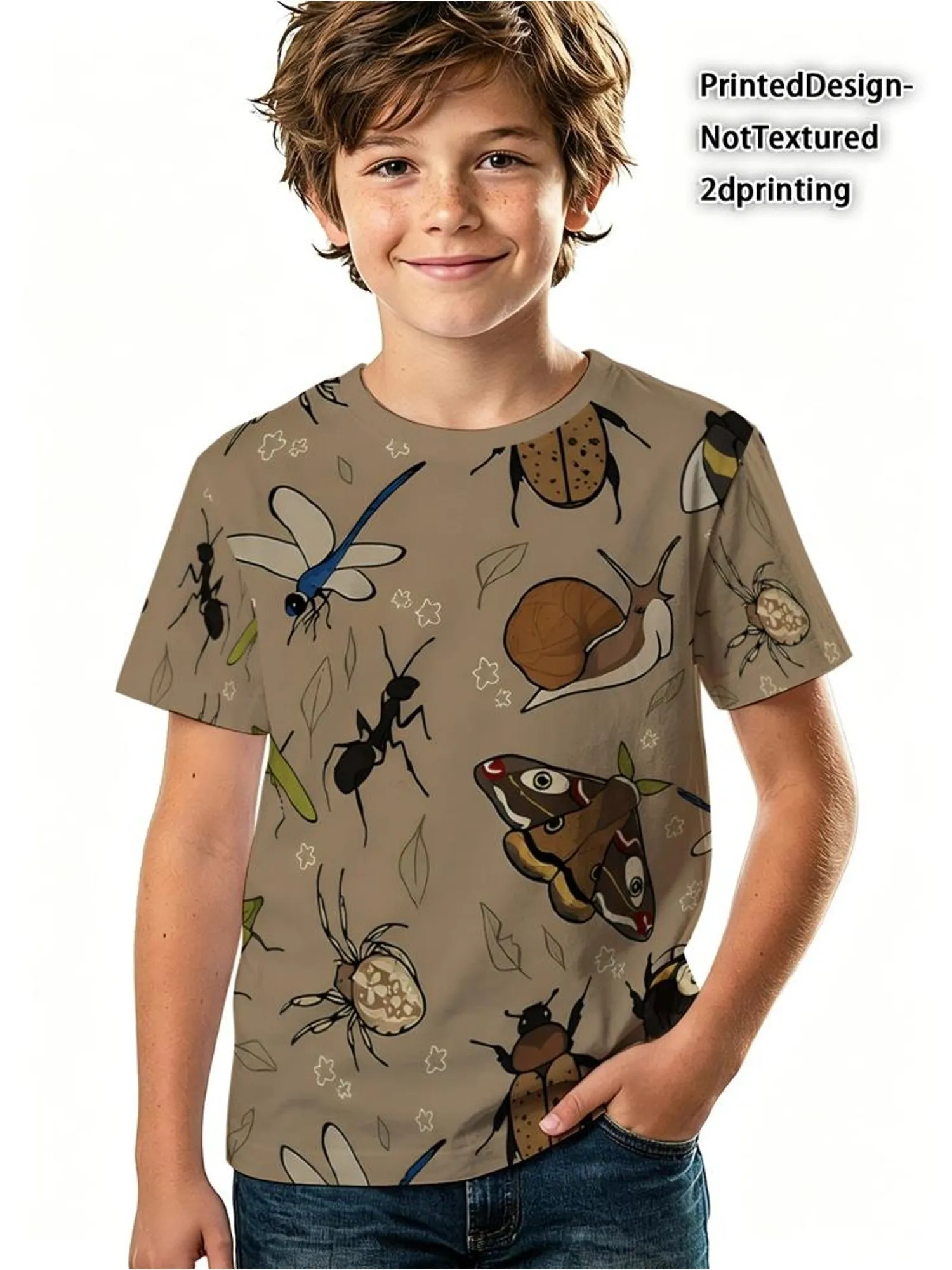 Boys Forest Bug Pattern T-shirt, Kids Short Sleeve Tee Nature Insect Dragonfly Snail Ant Graphic Print