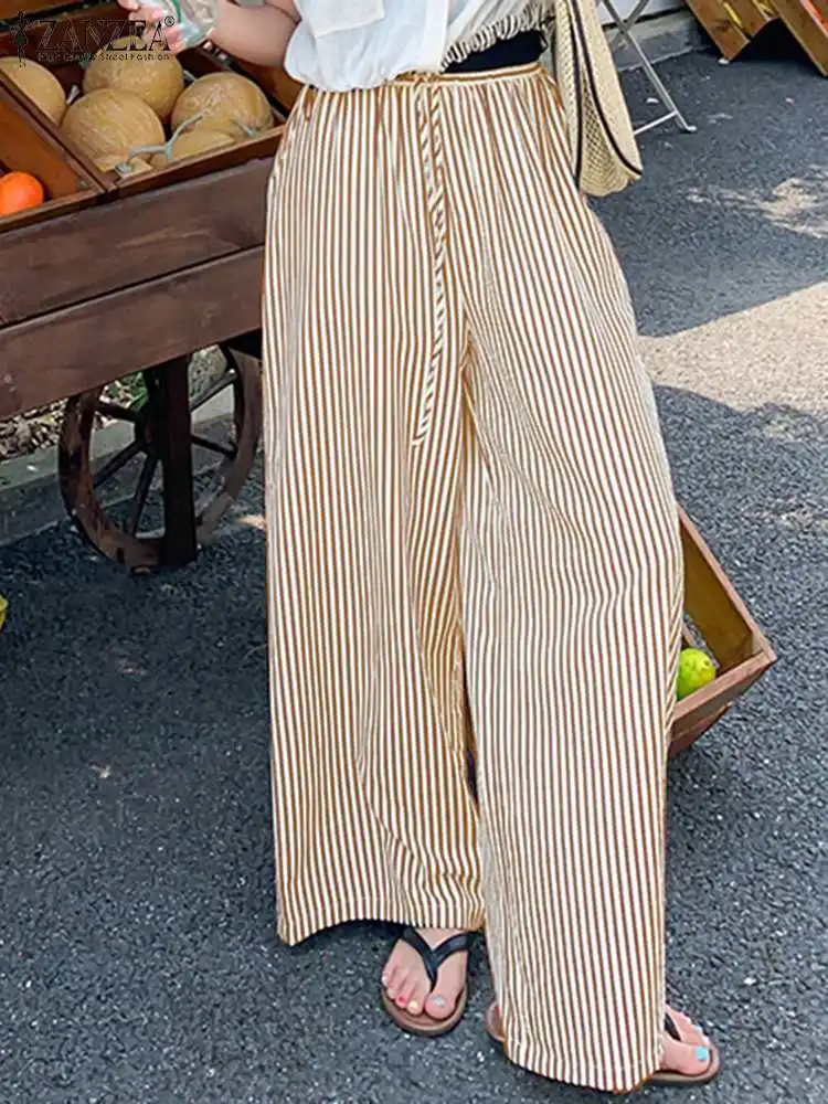 

Korean Version Elastic Waist Straight Pantalons ZANZEA Women Striped Long Pants Holiday Summer Drawstring Trouser Casual Bottoms