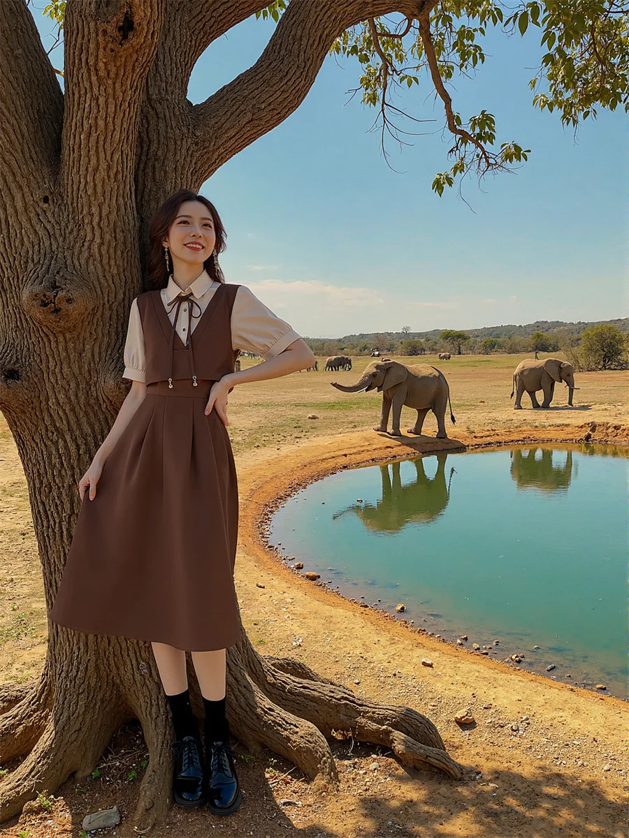 Vestidos femininos casuais e de dia estilo preppy cáqui meia panturrilha plissado à mão babados franzido smocking em camadas empilhados