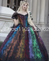 Customized  Rainbow Stained Glass Gothic Prom Occasion Gown with Cape Lace Applique Victorian Halloween Bustle  Evening Dresses