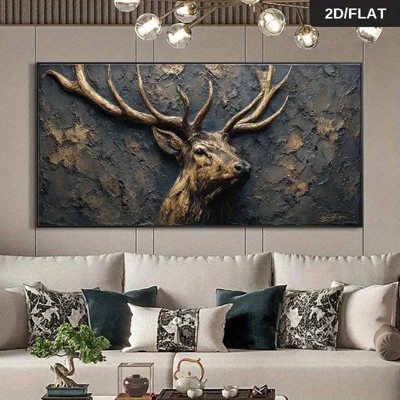Large-sized 1pc frameless Canvas Painting 1pc Extra Large Abstract Stag Head Canvas Painting Golden Brown Deer Wall Art Poster,
