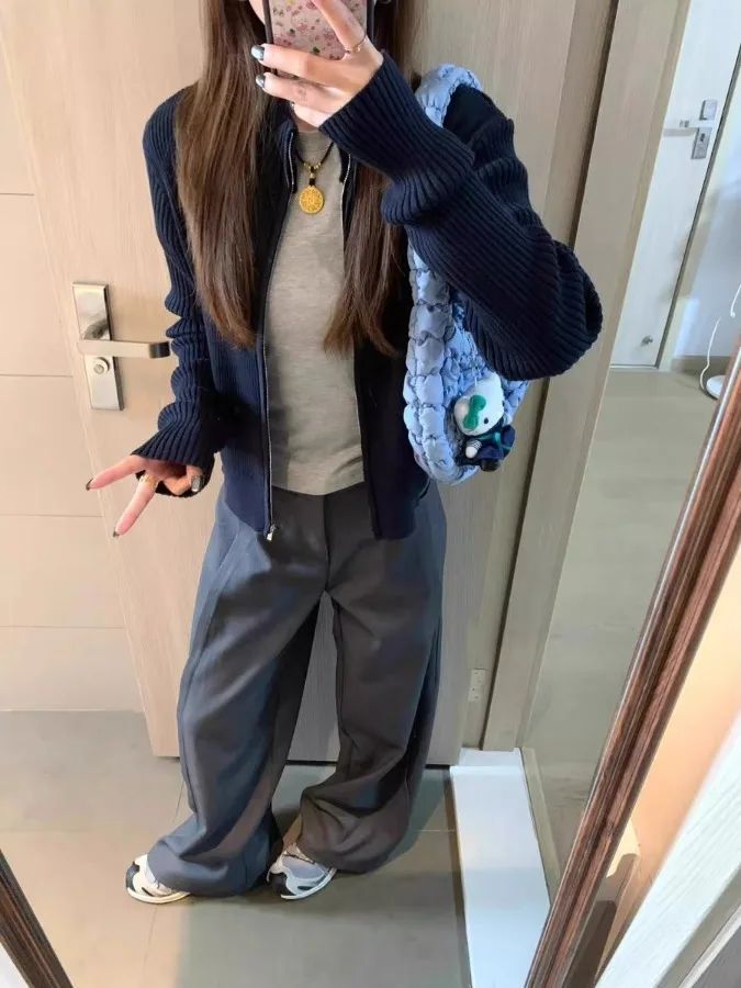 

Корейский вязаный ор кардиган, женский облегающий свитер на молнии с воротником-стойкой, весна-осень, Новое поступление для поездок на работу