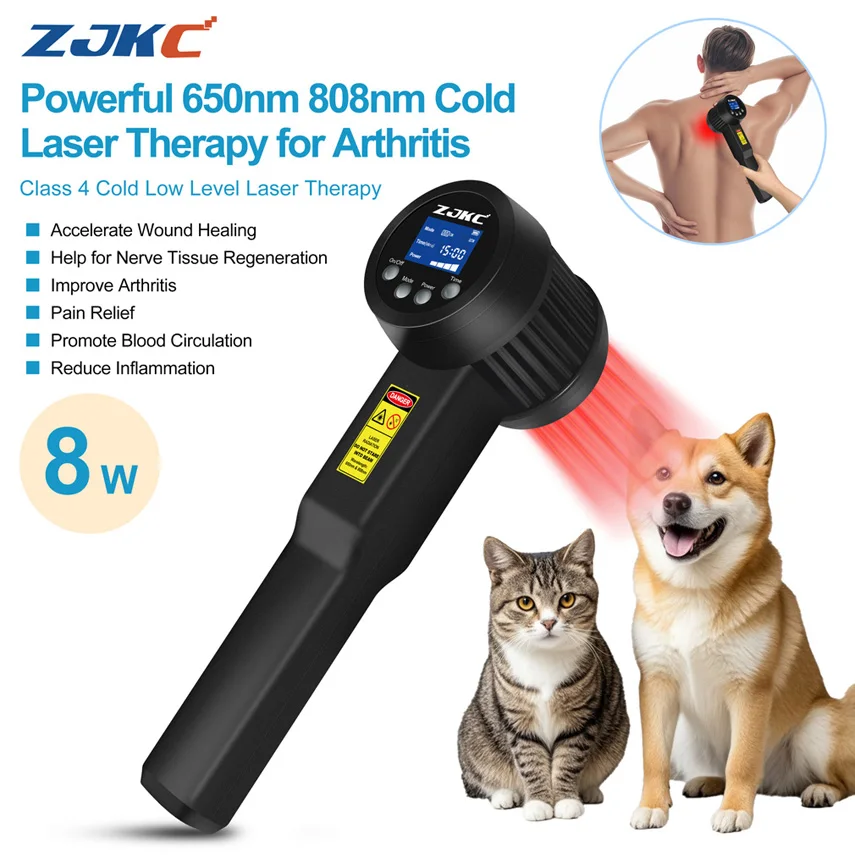 ZJKC 8W Class 4 Cold Laser Device Red Light Therapy for Body Pain Relief Wound Healing Sports Injuries 650nmx10+808nmx15