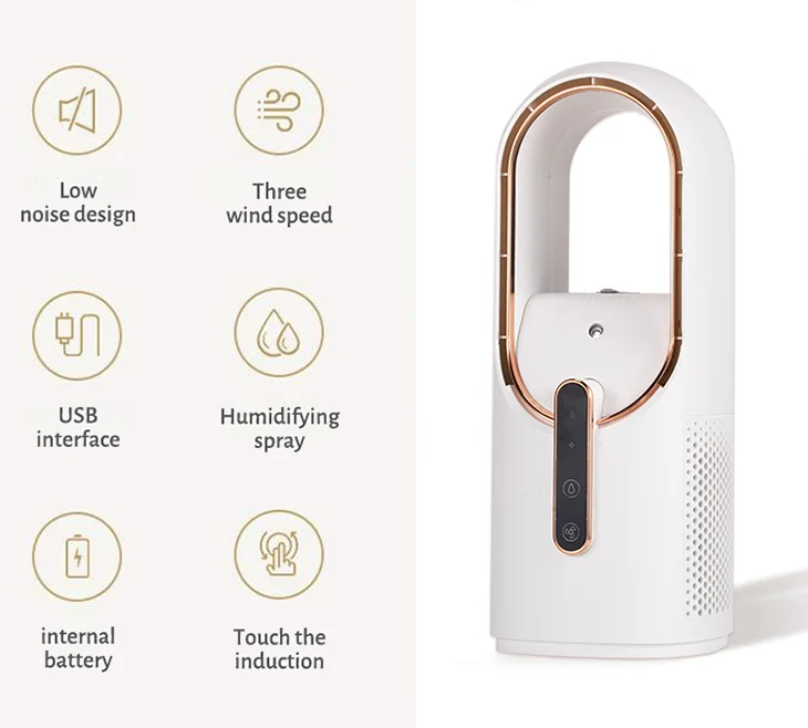 2 in 1 Electric Mist Fan Desktop Leafless Fan 2200mAh Long Battery Life Cold Mist Humidifier Portable Safety Mist Fan Humidifier