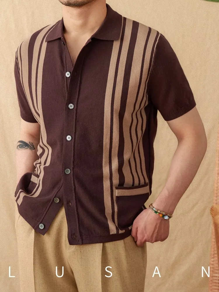 

Men's Italian Cotton Knit Polo Cardigan - Retro Striped Short Sleeve Breathable Casual Outdoor Wear