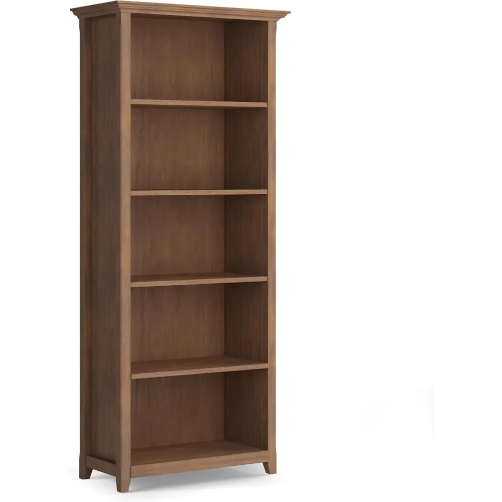 Amherst Solid Wood 30 Inch Wide Transitional 5 Shelf Bookcase in Rustic Natural Aged Brown, for The Living Room