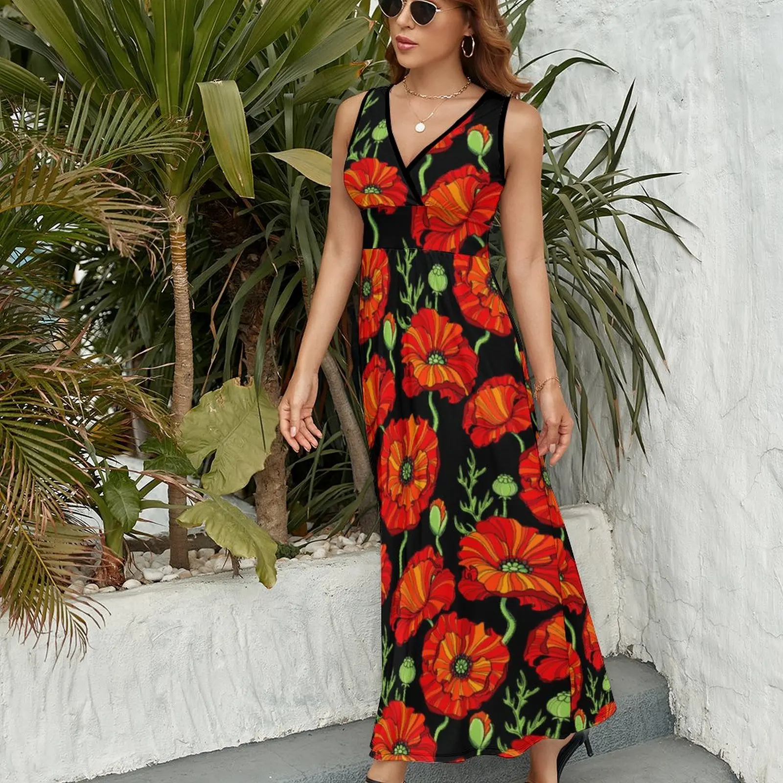 Red Poppy Flowers Dress Aesthetic Bohemia Long Dresses Female Party Printed Maxi Dress Birthday Present