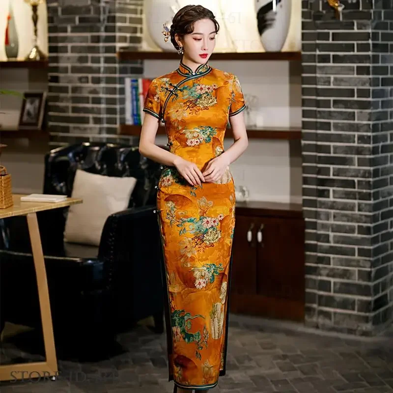 

Платье в китайском стиле, традиционное классическое платье Cheongsam с воротником-стойкой, большой размер, женское длинное Ципао с цветочным принтом, сексуальные тонкие платья