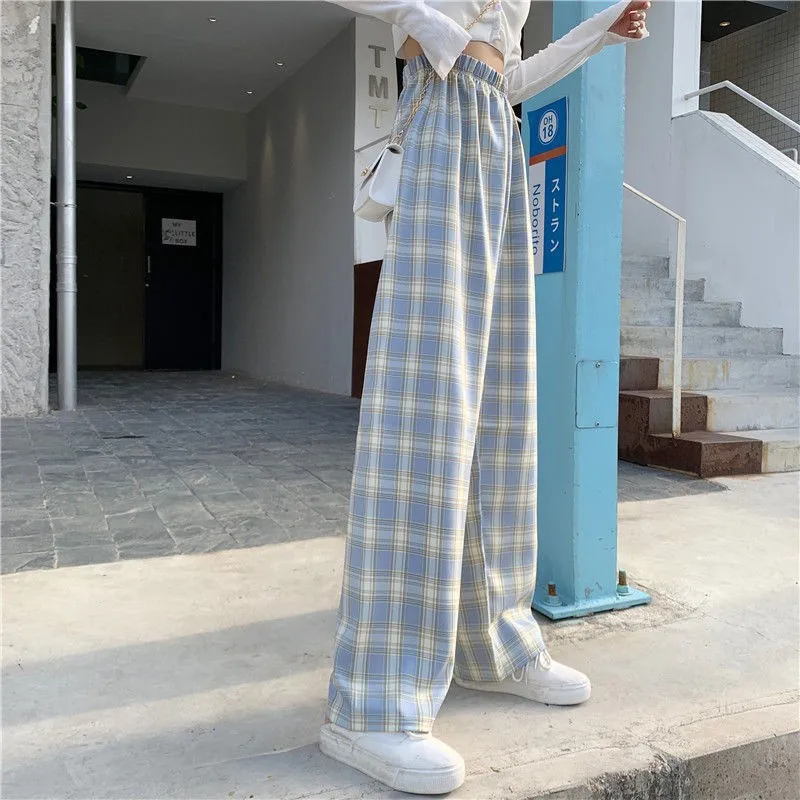 Plaid Pants Women's Summer Thin Casual Loose Straight High Waist Slim Drape Wide Leg Floor Mopping