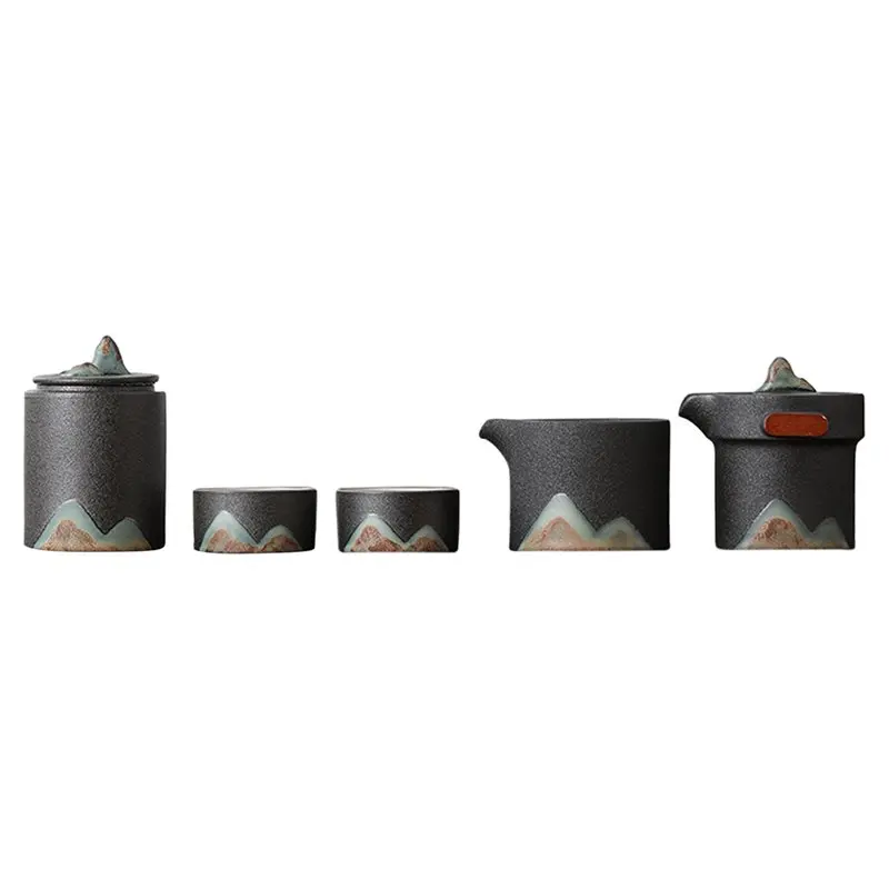 

B45CLXY Japanese Hand-Painted Mountain Tea Set Outdoor 5Pcs Vintage Coarse Pottery Kit Includes Teapot, Cups