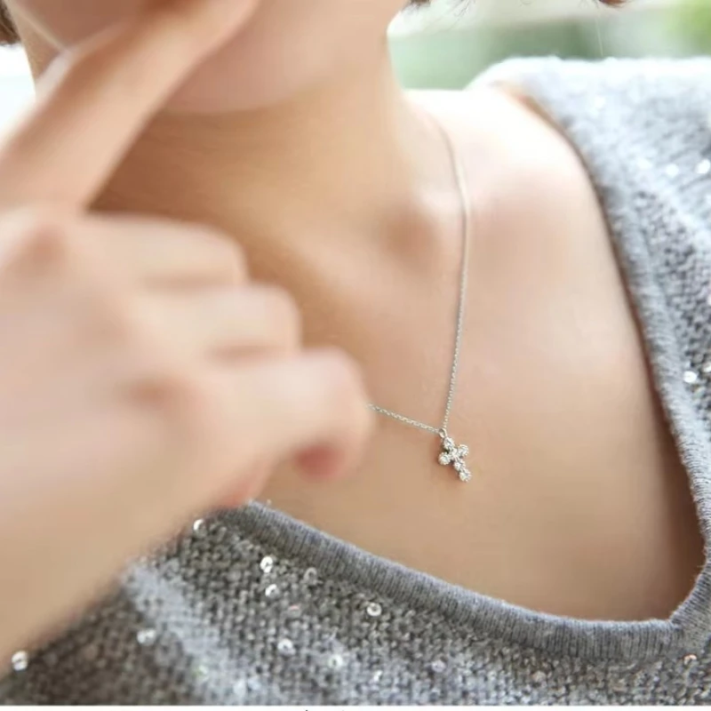 New 925 Sterling Silver Zircon Cross Necklaces Pendant Fashion Sterling Silver Jewelry Statement for Women Bijoux