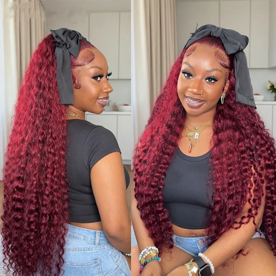 

36-дюймовый бордовый 99J вьющийся парик из натуральных волос 13x4 Прозрачный парик фронта шнурка Бразильский цветной парик с глубокими волнами 4x4 для женщин