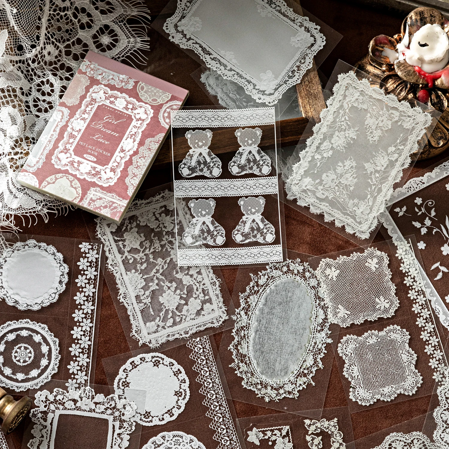 30 Blatt/Beutel Spitze Thema PET Aufkleber für DIY Scrapbooking Collage Kunst Rahmen Laptop Telefon Tasse Gepäck Gitarre Skateboard Aufkleber