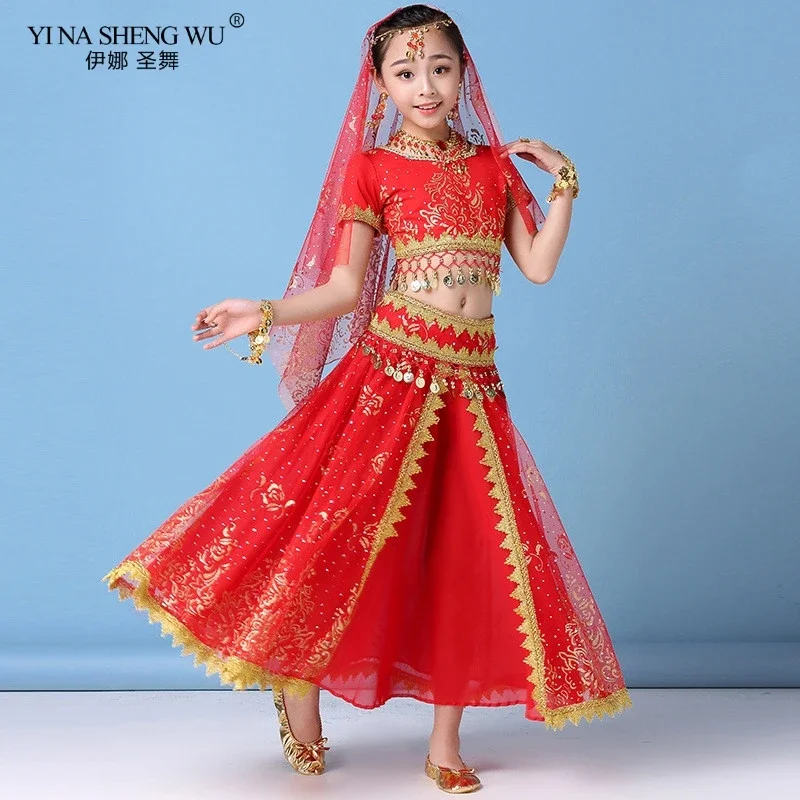 

Kids Indian Belly Dance Clothing Children Bollywood Girls Dance Costumes Set (Headpieces Veil Top Belt Pants Earing Necklace)