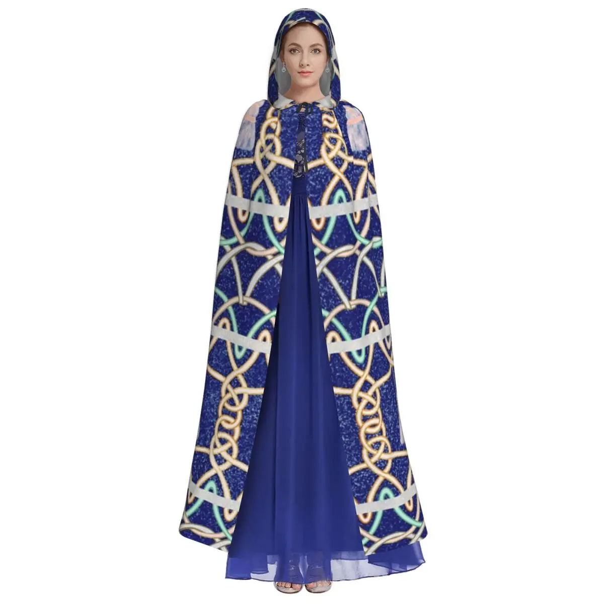 Midnight Sky Passementerie Blau und Pastell Langer Kapuzenumhang Hexe Mittelalter Kostüm Cosplay Cape HalloweenCoat Erwachsene Unisex