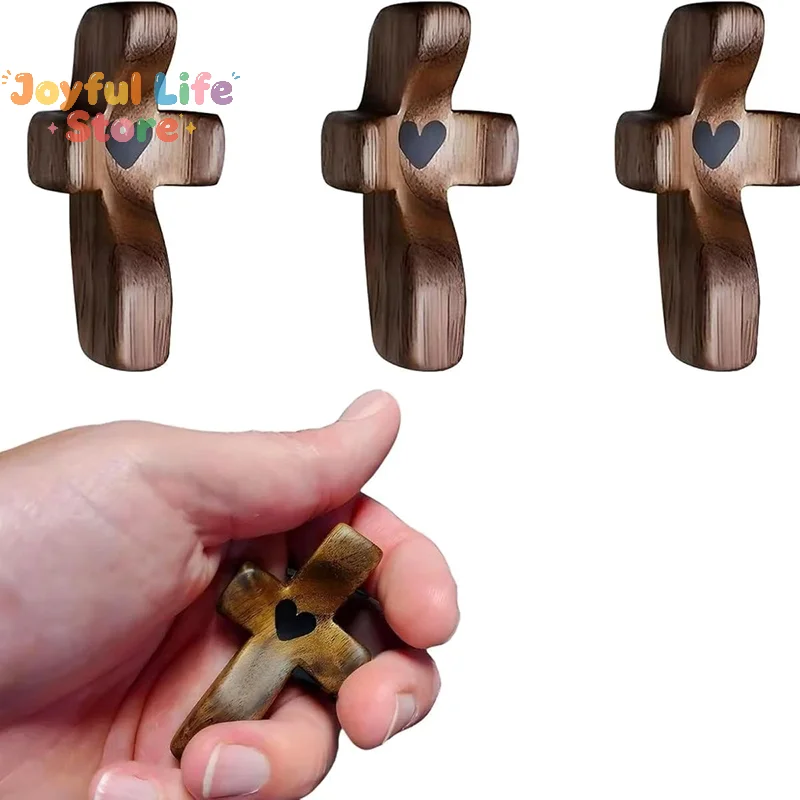 Lot de 3/6 croix en bois avec cœur en époxy, cadeau d'encouragement, à tenir dans la poche, pour le soutien émotionnel