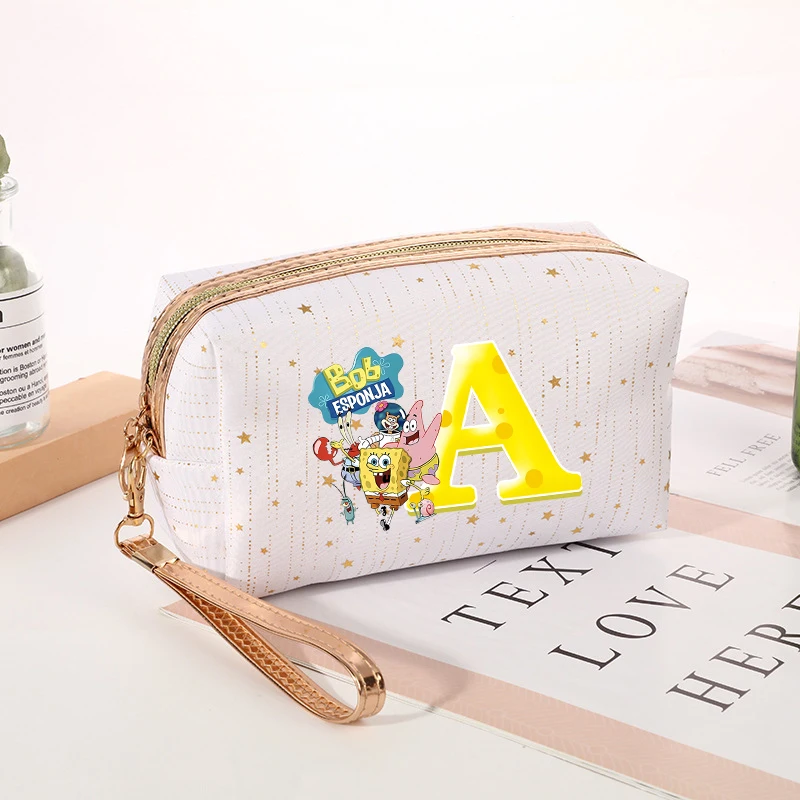 

SpongeBob SquarePants Women Makeup Bag Cartoon A-Z Letter Toiletry Bags Female Cute Travel Portable Zip Storage Wash Bag Gift