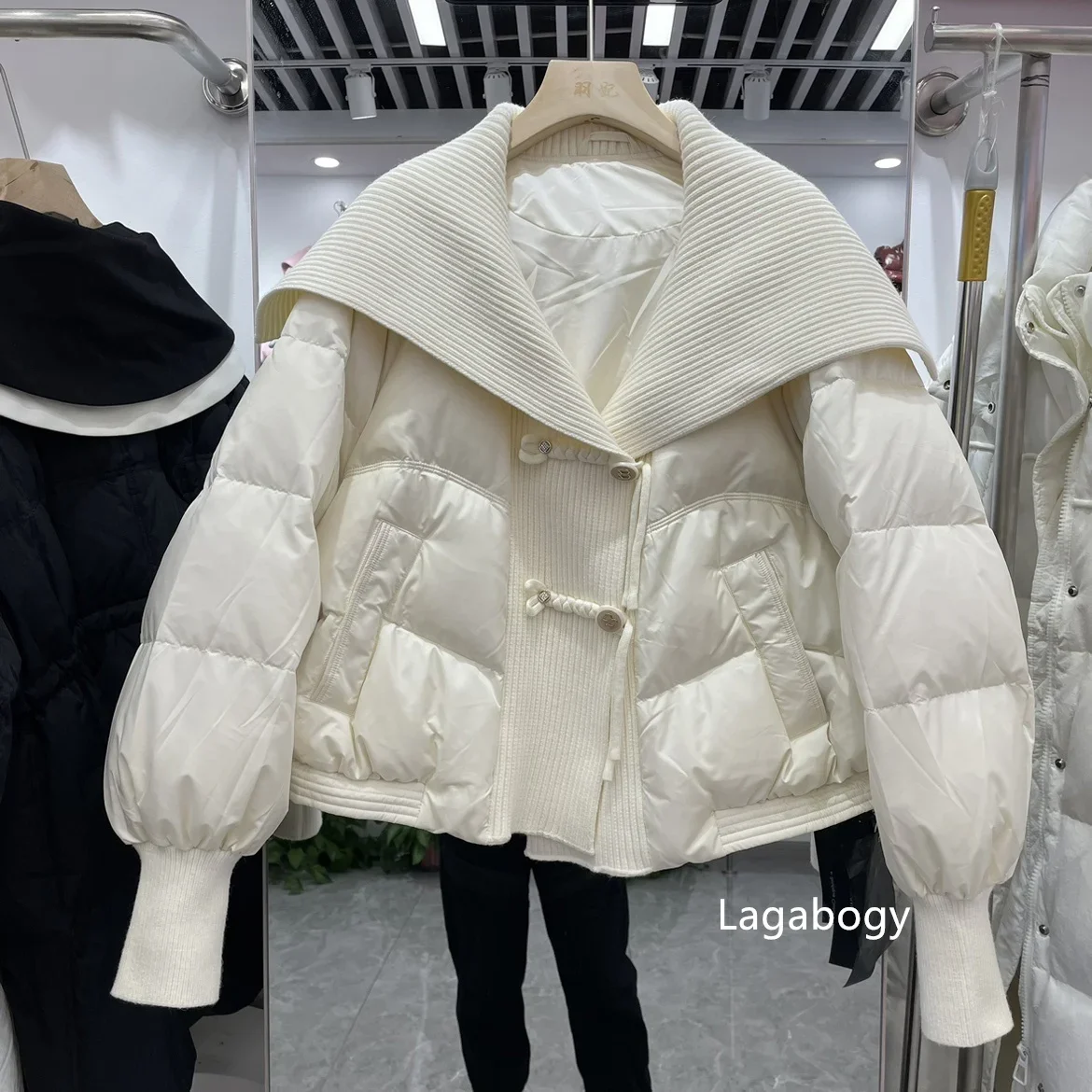 Lagabogy 2024 New Women Winter Short Knitted Splicing Lapel Puffer Jackets Loose Casual Warm Outwear Female White Duck Down Coat