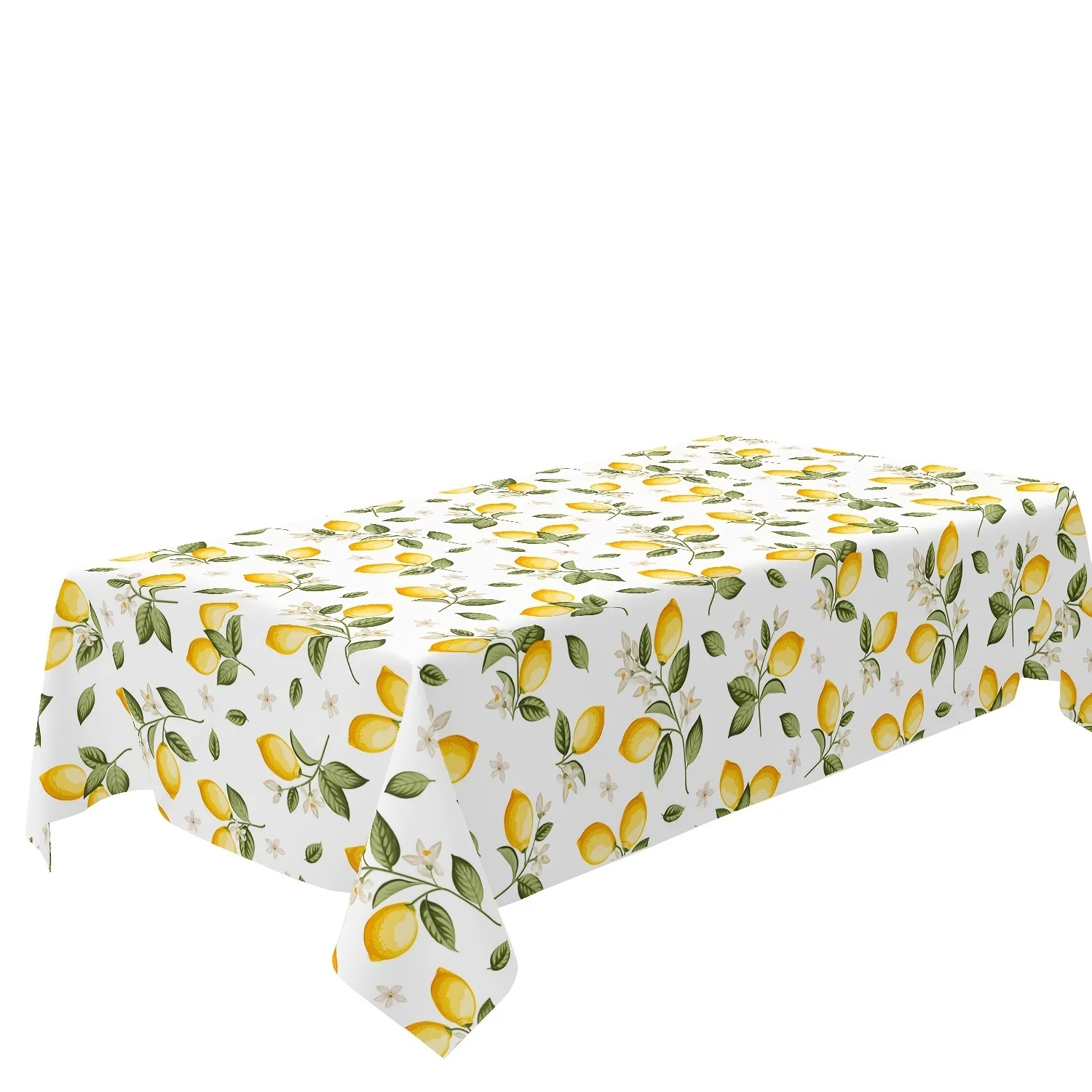 One-piece tablecloth - lemon tablecloth, spring home decoration, yellow and green leaves, white flowers, for kitchen tablecloth