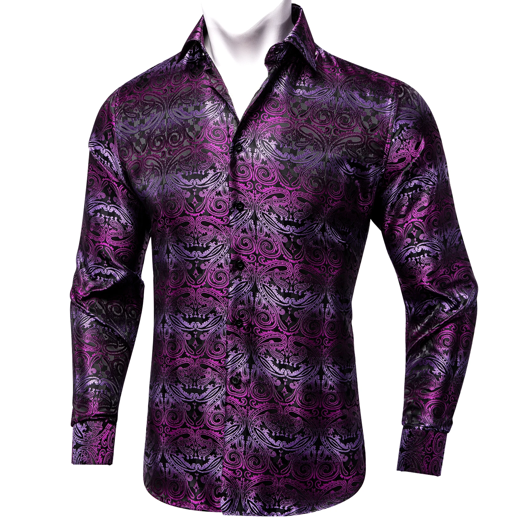 Purple Paisley Silk Shirts for Men Long Sleeve Social Dress Shirt Luxury Tuxedo Wedding Party Men Clothing Dropshipping DiBanGu