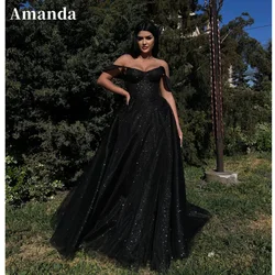 Amanda Gothic Black Shiny A-line Vestido De Novia Gorgeous Off Shoulder Prom Dress Spark Short Sleeve Evening Dresses