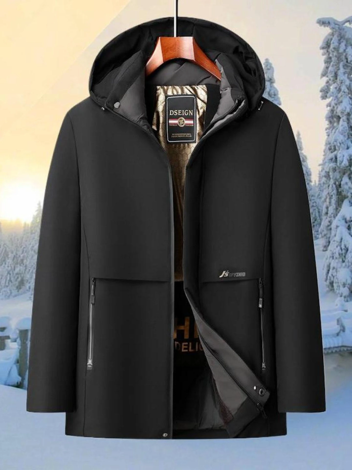 

Detachable Hat Thiened Cotton Jaet Mid-Length Coat for Dad And andpa Faionable Urban Sle Home Use Long Sve Zippe...