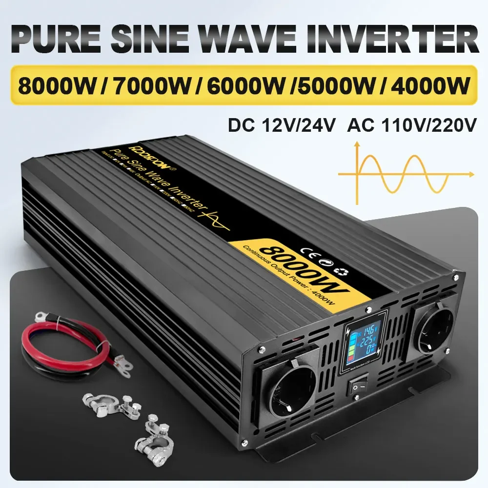 7000W 8000W Pure Sine Wave Inverters DC 12V 24V to AC 220V 50Hz 60Hz Power Inverters Charger Converter Adapters Double EU Socket