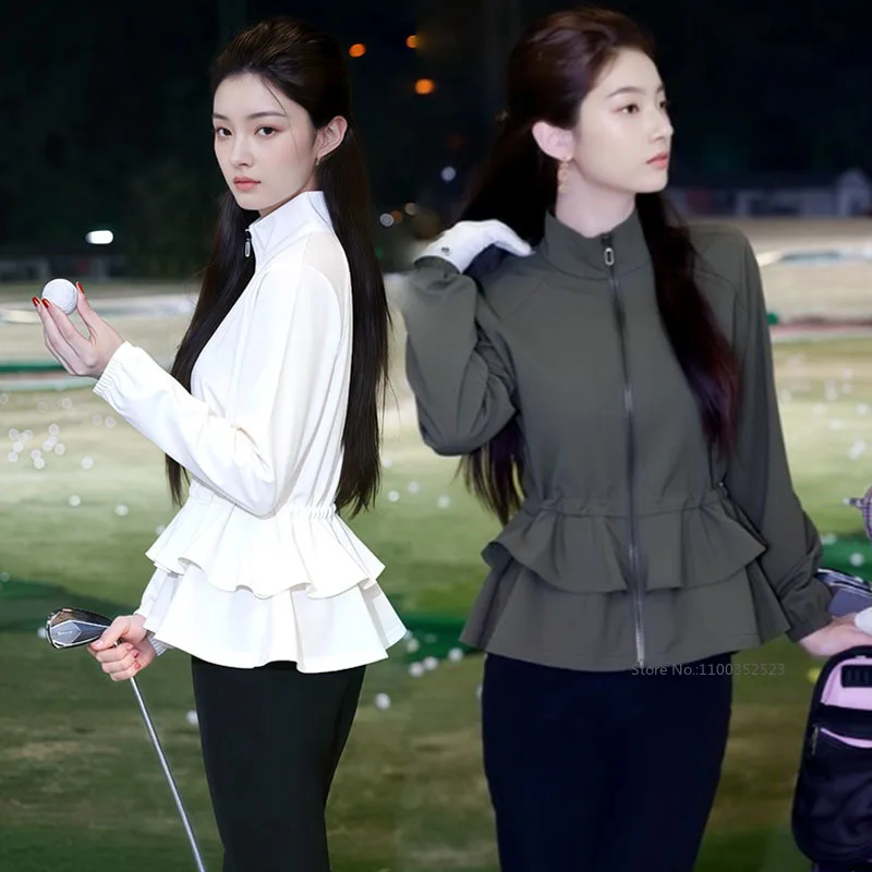 Women Golf Windbreaker Jacket Ruffle Slim Autumn Casual Coat Ladies Windproof Waterproof Sports Jackets Stand Collar Golf Wear