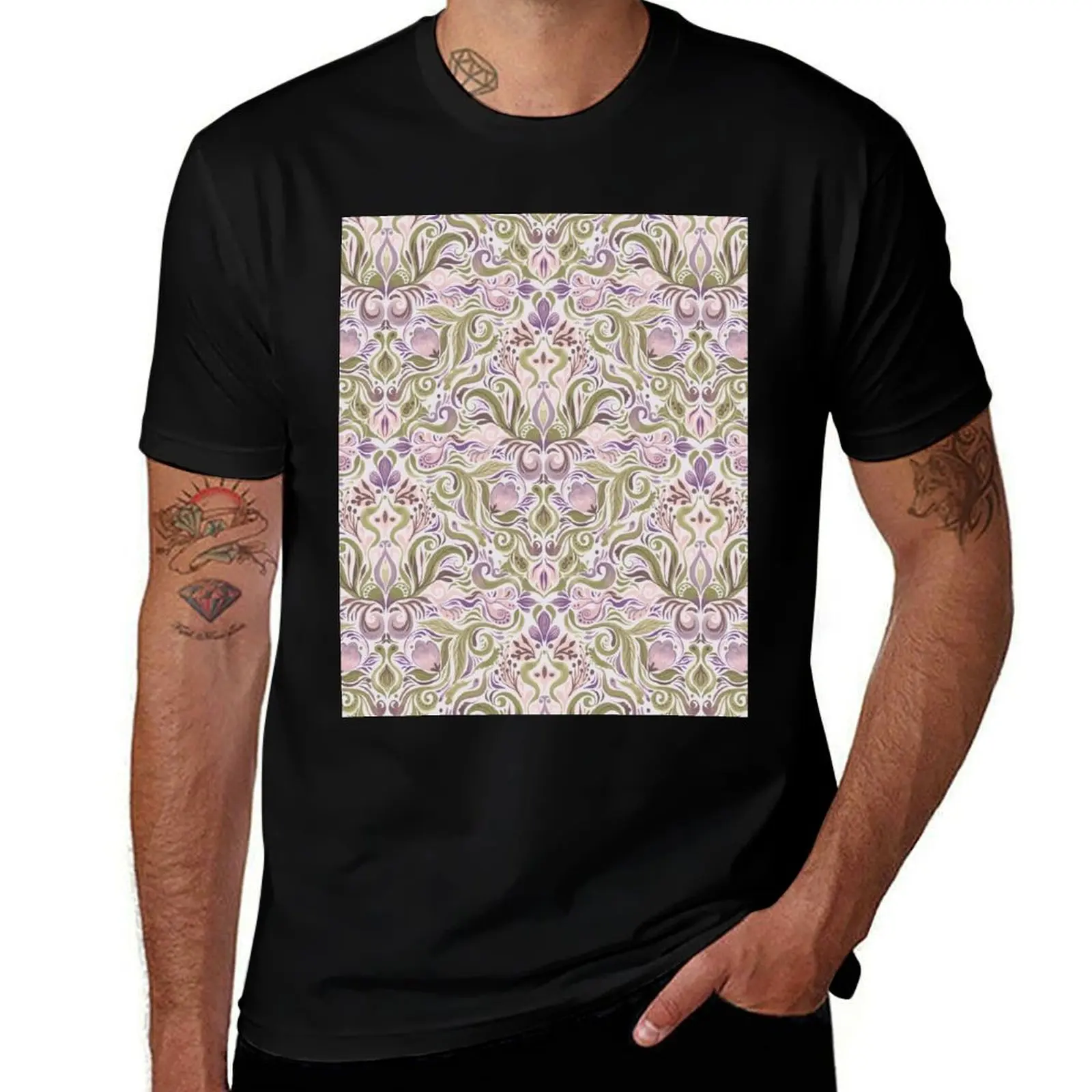 Pink and green damask pattern T-Shirt Outdoor Work Short Sleeve Top T-Shirt