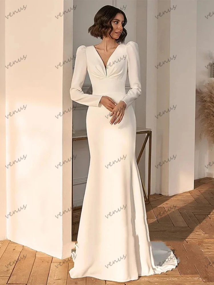 Modest Wedding Dresses Satin Sheath Bridal Gowns Full Sleeves V-Neck Floor Length Robes For Formal Party Vestidos De Novia 2024