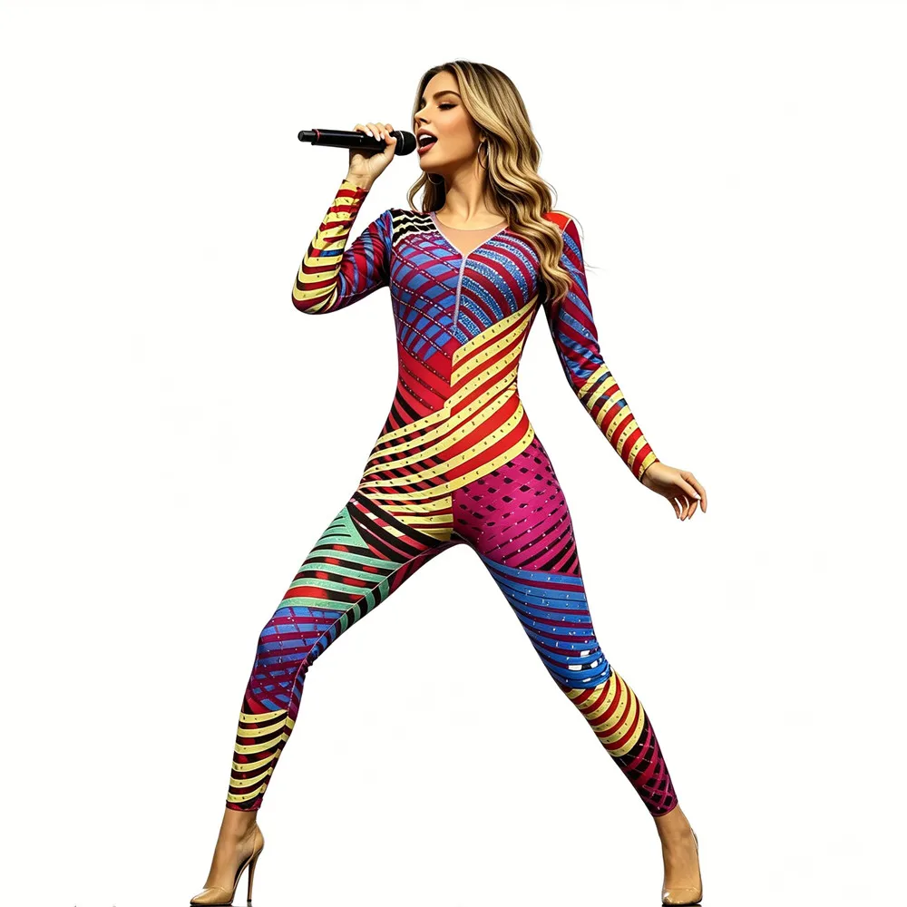 Female Acrobatics Pole Dance Performance Leotard Crystal Strips Elastic Tight Jumpsuit Sexy Nightclub Bar Party Stage Costume