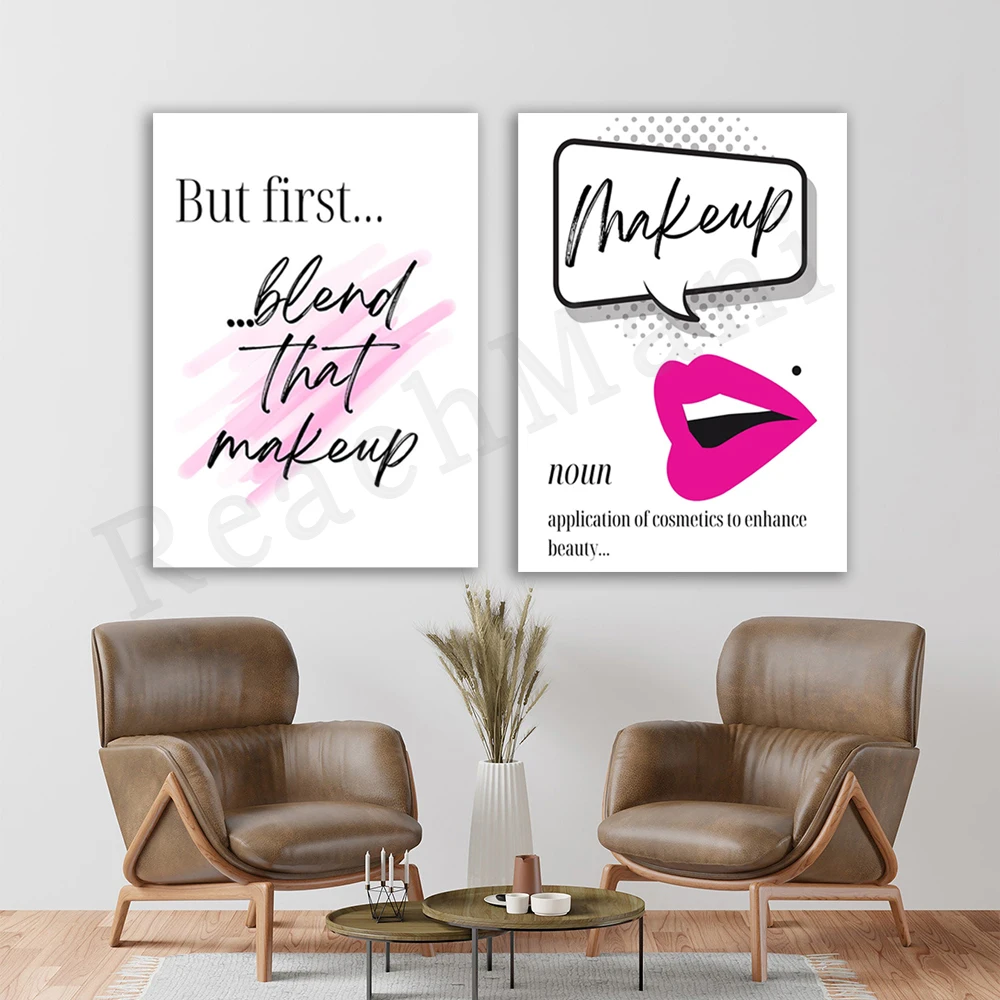 Makeup prints, quotes, typography, powder room wall art prints, quirky lipstick print posters, fun mix makeup title posters.