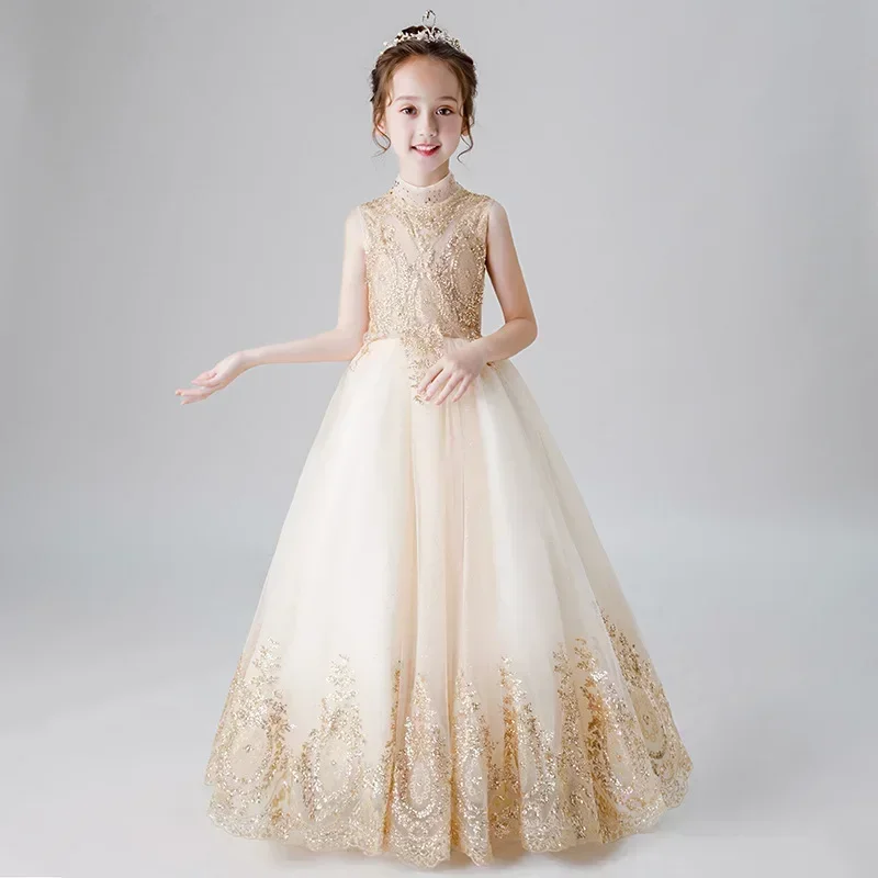 

2024 Spring New Huatong Heavy Industry Children's Fluffy Yarn Girls' Piano Performance Dress Walk Show Gold Long Children's Dres